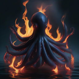 A majestic black octopus emerging from dark, shadowy waters with flames surrounding its tentacles