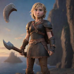 A detailed, cartoon style image of Astrid Hofferson from 'How to Train Your Dragon', standing with confidence, with her battle-axe in hand. The background brims with towering cliffs and the ocean at dusk.