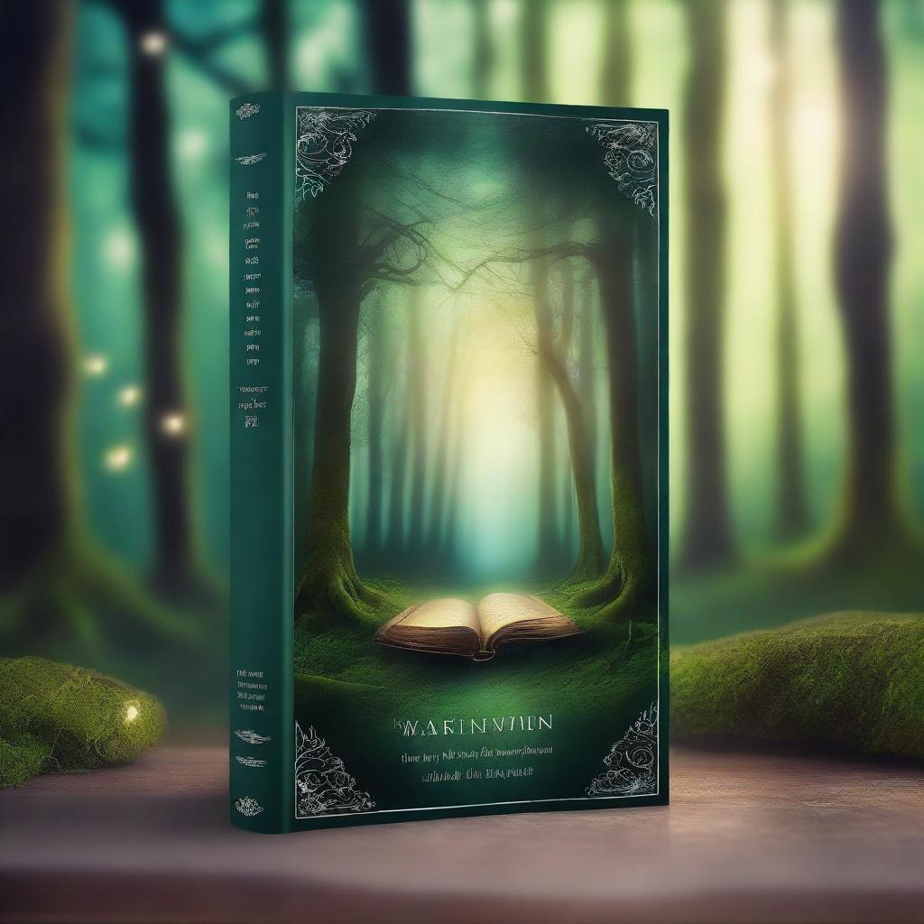 Create a captivating book cover featuring an enchanting forest with a mystical aura