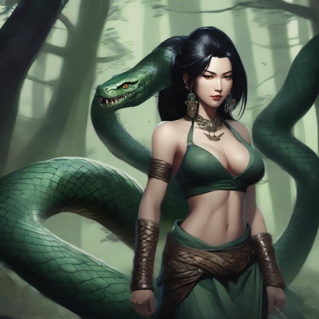 An aggressive and fierce yuan-ti woman with black hair and snake-like features, depicted in a detailed and dark fantasy setting