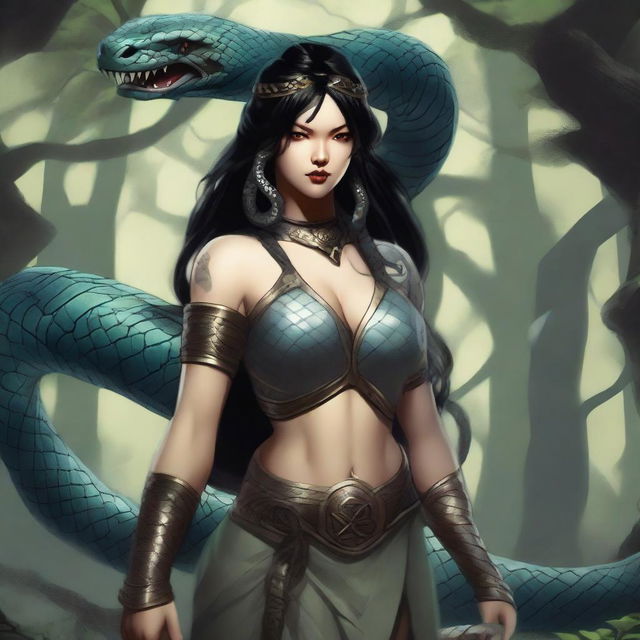 An aggressive and fierce yuan-ti woman with black hair and snake-like features, depicted in a detailed and dark fantasy setting