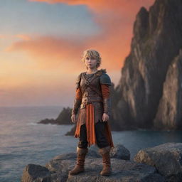 An image replicating a scene from 'How To Train Your Dragon', featuring Astrid Hofferson, in her Viking attire, posed powerfully against the backdrop of the rocky cliffs, the ocean, and the blue-orange sky at dusk.