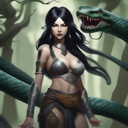 An aggressive and fierce yuan-ti woman with black hair and snake-like features, depicted in a detailed and dark fantasy setting