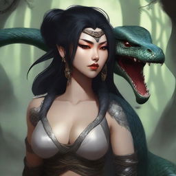 An aggressive and fierce yuan-ti woman with black hair and snake-like features, depicted in a detailed and dark fantasy setting