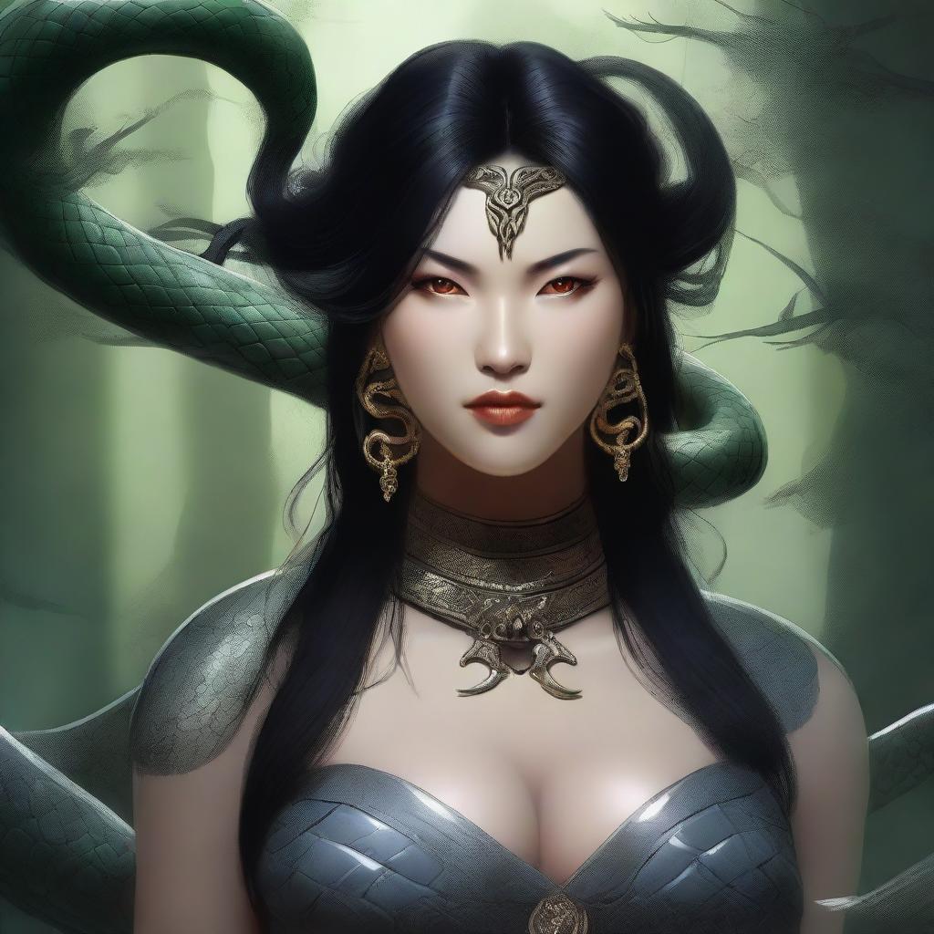 An aggressive and fierce yuan-ti woman with black hair and snake-like features, depicted in a detailed and dark fantasy setting