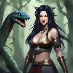 An aggressive and fierce yuan-ti woman with black hair and snake-like features, depicted in a detailed and dark fantasy setting