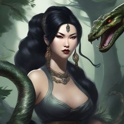 An aggressive and fierce yuan-ti woman with black hair and snake-like features, depicted in a detailed and dark fantasy setting