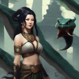 An aggressive and fierce yuan-ti woman with black hair and snake-like features, depicted in a detailed and dark fantasy setting