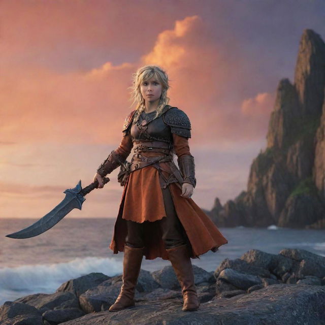 An image replicating a scene from 'How To Train Your Dragon', featuring Astrid Hofferson, in her Viking attire, posed powerfully against the backdrop of the rocky cliffs, the ocean, and the blue-orange sky at dusk.