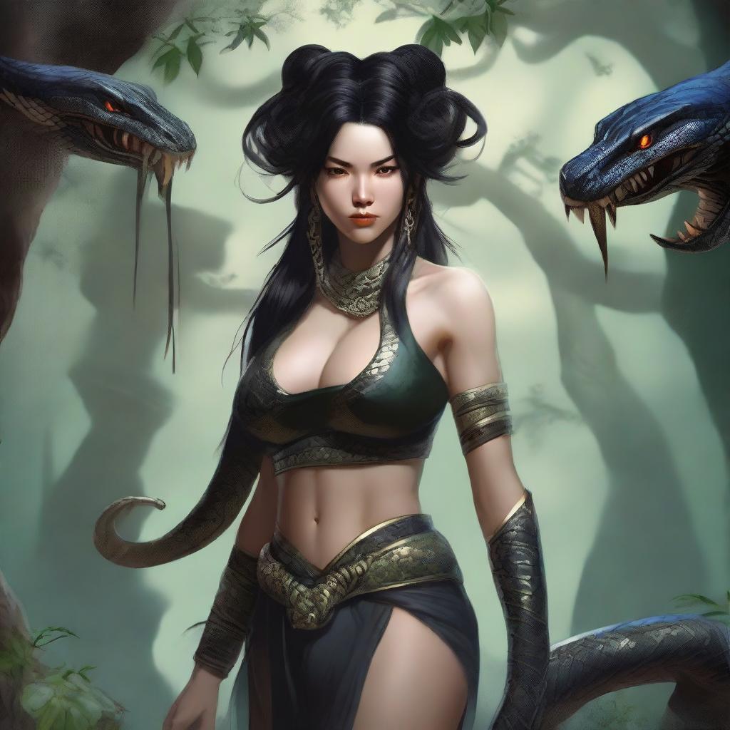 An aggressive and fierce yuan-ti woman with black hair and snake-like features, depicted in a detailed and dark fantasy setting