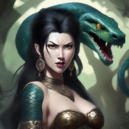 An aggressive and fierce yuan-ti woman with black hair and snake-like features, depicted in a detailed and dark fantasy setting