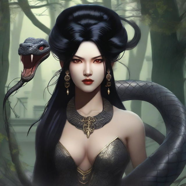 An aggressive and fierce yuan-ti woman with black hair and snake-like features, depicted in a detailed and dark fantasy setting