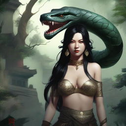 An aggressive and fierce yuan-ti woman with black hair and snake-like features, depicted in a detailed and dark fantasy setting