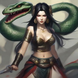 An aggressive and fierce yuan-ti woman with black hair and snake-like features, depicted in a detailed and dark fantasy setting