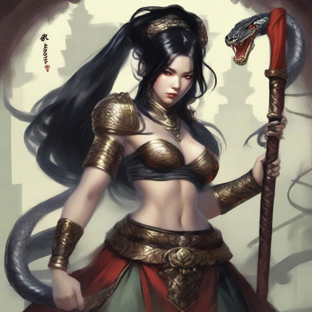 An aggressive and fierce yuan-ti woman with black hair and snake-like features, depicted in a detailed and dark fantasy setting