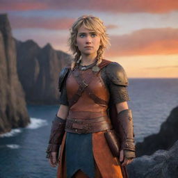 An image replicating a scene from 'How To Train Your Dragon', featuring Astrid Hofferson, in her Viking attire, posed powerfully against the backdrop of the rocky cliffs, the ocean, and the blue-orange sky at dusk.