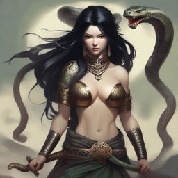 An aggressive and fierce yuan-ti woman with black hair and snake-like features, depicted in a detailed and dark fantasy setting