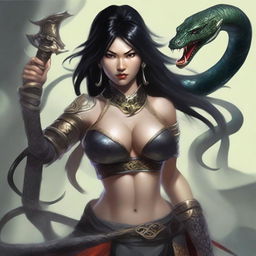 An aggressive and fierce yuan-ti woman with black hair and snake-like features, depicted in a detailed and dark fantasy setting