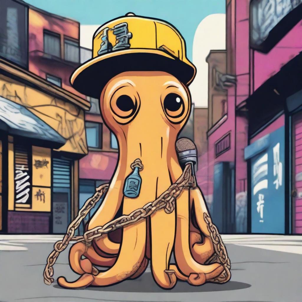 An octopus with a cool, urban vibe, wearing a gold chain and a cap tilted to the side