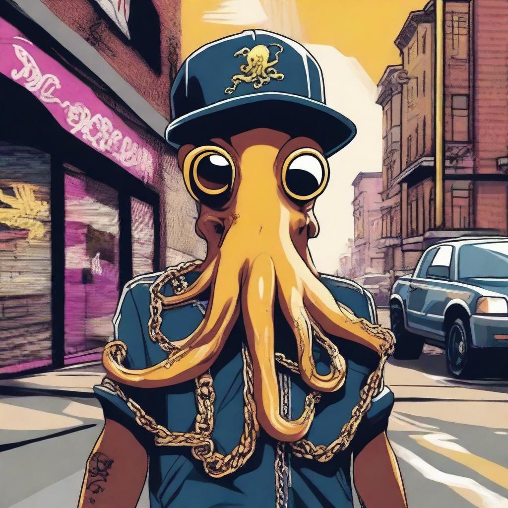 An octopus with a cool, urban vibe, wearing a gold chain and a cap tilted to the side