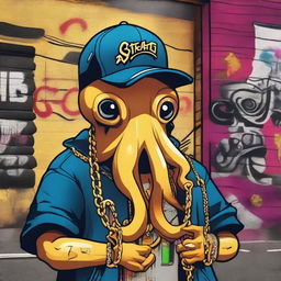 An octopus with a cool, urban vibe, wearing a gold chain and a cap tilted to the side