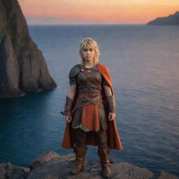 An image replicating a scene from 'How To Train Your Dragon', featuring Astrid Hofferson, in her Viking attire, posed powerfully against the backdrop of the rocky cliffs, the ocean, and the blue-orange sky at dusk.