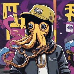 An octopus with a cool, urban vibe, wearing a gold chain and a cap tilted to the side