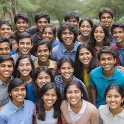 A diverse group of joyful international students, with representatives from India, various Asian nations, Africa, and America, congregating in a vibrant campus setting.