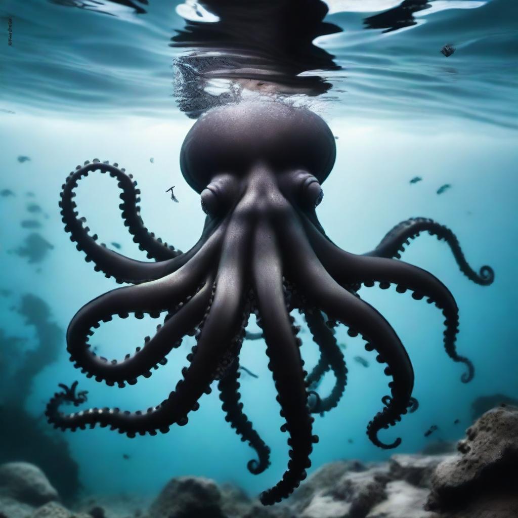 A black octopus engaged in an intense underwater battle, resembling a gang war