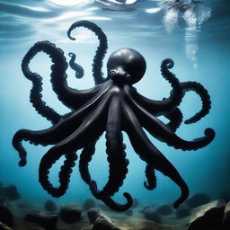 A black octopus engaged in an intense underwater battle, resembling a gang war