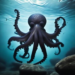 A black octopus engaged in an intense underwater battle, resembling a gang war