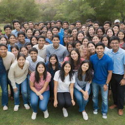 A diverse group of joyful international students, with representatives from India, various Asian nations, Africa, and America, congregating in a vibrant campus setting.