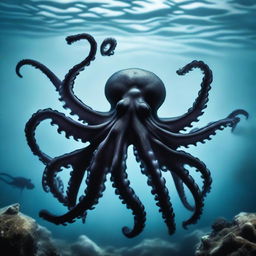 A black octopus engaged in an intense underwater battle, resembling a gang war