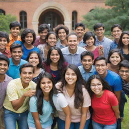 A diverse group of joyful international students, with representatives from India, various Asian nations, Africa, and America, congregating in a vibrant campus setting.