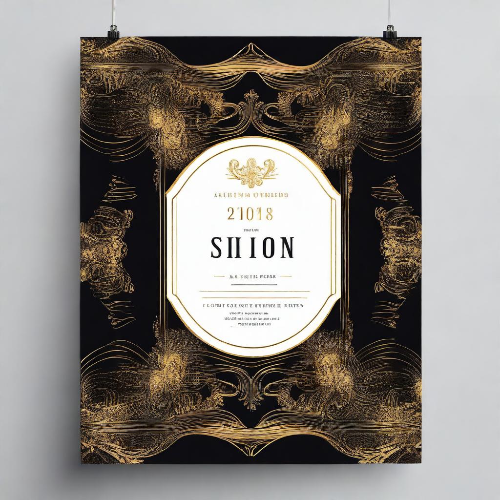 A stylish and elegant poster featuring a black and gold color scheme