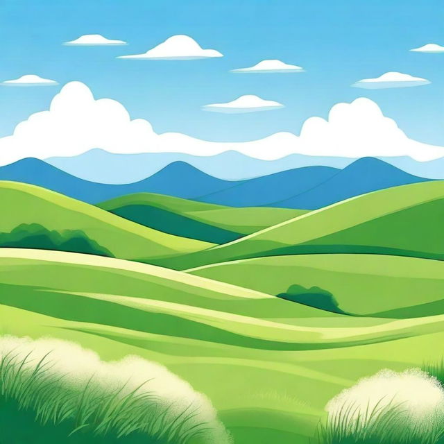 A serene and beautiful landscape background featuring rolling hills, a clear blue sky, and a few fluffy white clouds