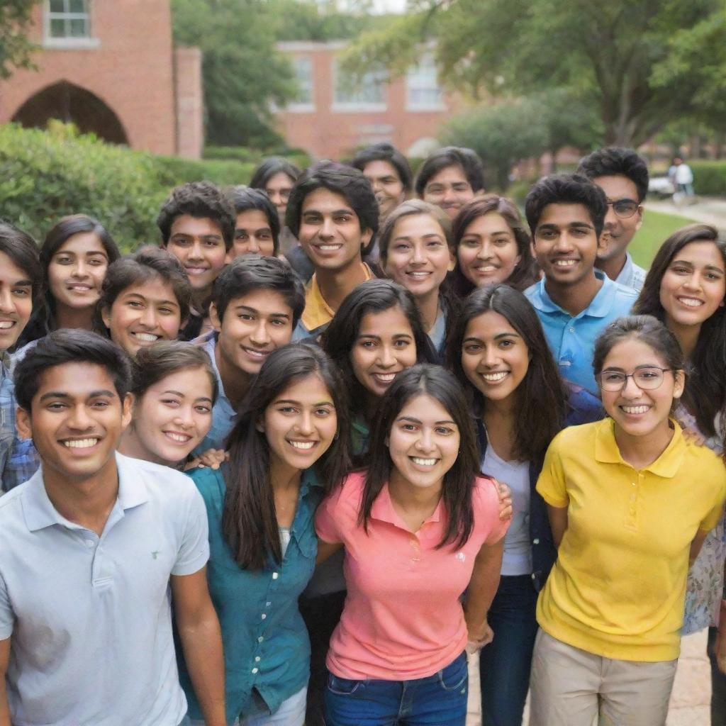 A diverse group of joyful international students, with representatives from India, various Asian nations, Africa, and America, congregating in a vibrant campus setting.