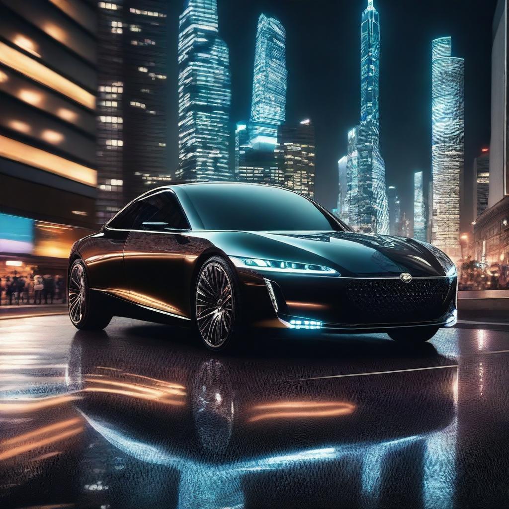 A sleek, modern car driving through a bustling city at night, with the skyline illuminated by the glow of numerous skyscrapers