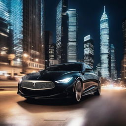 A sleek, modern car driving through a bustling city at night, with the skyline illuminated by the glow of numerous skyscrapers