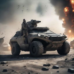 A fierce warrior standing beside a futuristic armored car in the middle of a war-torn battlefield