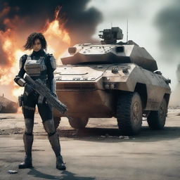 A fierce warrior standing beside a futuristic armored car in the middle of a war-torn battlefield