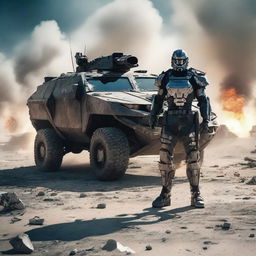 A fierce warrior standing beside a futuristic armored car in the middle of a war-torn battlefield