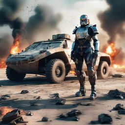 A fierce warrior standing beside a futuristic armored car in the middle of a war-torn battlefield