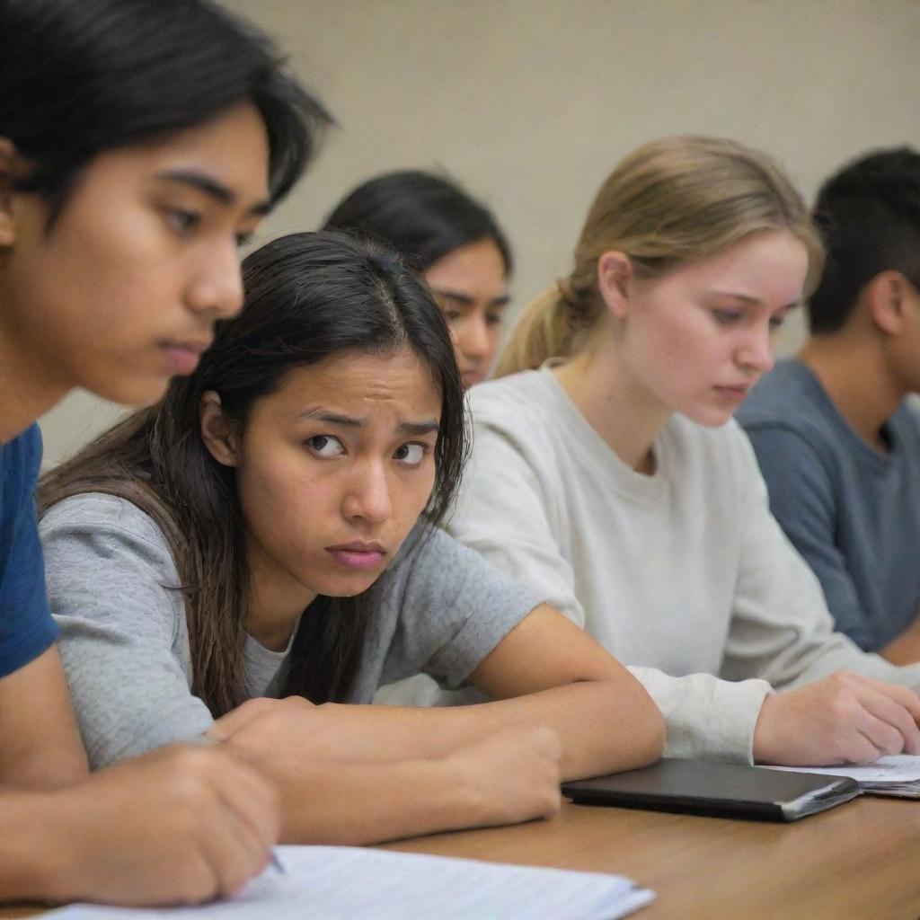 A diverse group of international students looking stressed as they study, their faces showing strains of effort and concentration.