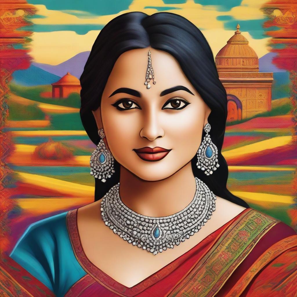 A portrait of a curvy Indian woman with traditional attire and jewelry