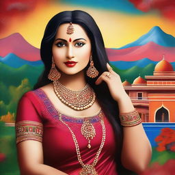 A portrait of a curvy Indian woman with traditional attire and jewelry