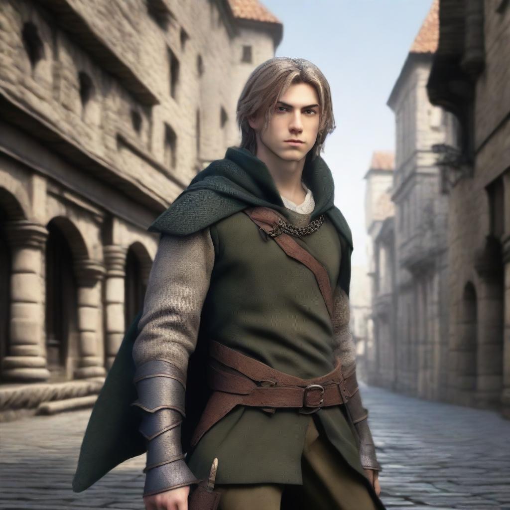 A 25-year-old male half-elf rogue with fair hair and a military bearing, holding two daggers