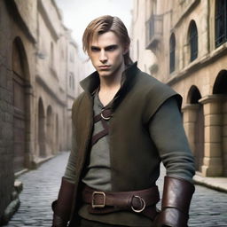 A 25-year-old male half-elf rogue with fair hair and a military bearing, holding two daggers