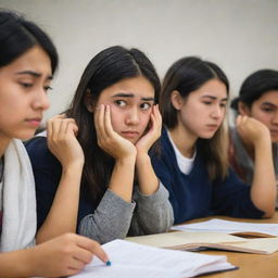 A diverse group of international students looking stressed as they study, their faces showing strains of effort and concentration.