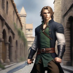 A 25-year-old male half-elf rogue with fair hair and a military bearing, holding two daggers